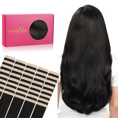 Picture of WENNALIFE Tape in Hair Extensions Human Hair, 40pcs 100g 14 inch Natural Black Hair Extensions Real Human Hair Straight Tape in Extensions Invisible Human Hair Extensions Reusable Real Hair Extensions