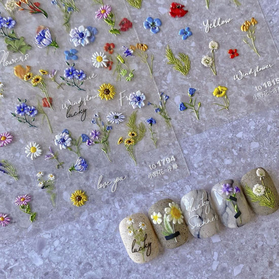 Picture of Flower Nail Art Stickers Decals 5D Flowers Nail Stickers Summer Daisy Sunflower Design Nail Art Decals for Nail Art Decorations Flower Stickers for Nails Fresh Floral Manicure Sliders for Women Girls