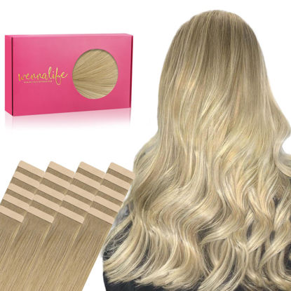 Picture of WENNALIFE Tape in Hair Extensions Human Hair, 20pcs 60g 26 inch Balayage Dirty Blonde to White Blonde Remy Hair Extensions Straight Human Hair Tape in Extensions Skin Weft Tape Extensions Human Hair