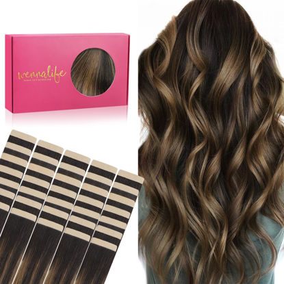 Picture of WENNALIFE Tape in Hair Extensions Human Hair, 40pcs 80g 12 inch Balayage Dark Brown Mixed Chestnut Brown Hair Extensions Real Human Hair Straight Tape in Extensions Invisible Human Hair Extensions