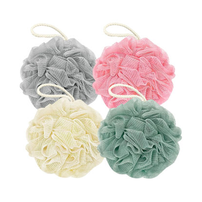 Picture of Rnoafmu Shower Loofah Bath Sponge, 60G Loofah Exfoliating Body Scrubber, 4 Color Mesh Shower Pouf Balls for Body Wash (Ice Cream)