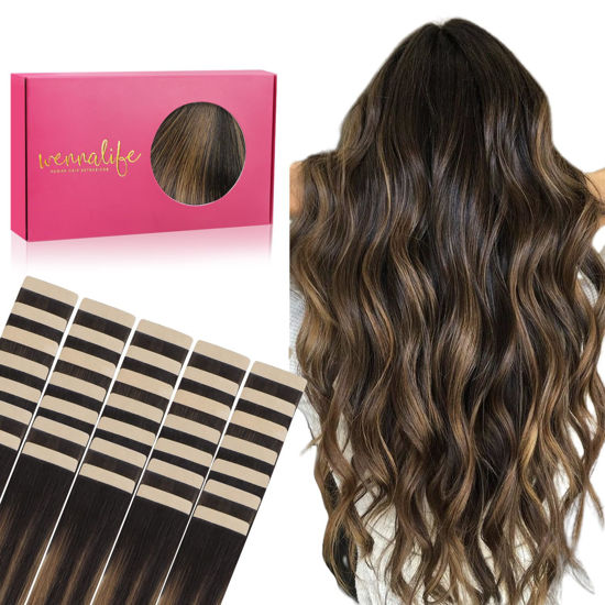 Picture of WENNALIFE Tape in Hair Extensions Human Hair, 40pcs 80g 12 inch Balayage Natural Black to Chestnut Brown Hair Extensions Real Human Hair Straight Tape in Extensions Invisible Human Hair Extensions