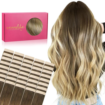 Picture of WENNALIFE Tape in Hair Extensions Human Hair, 40pcs 60g 10 inch Ombre Walnut Brown to Ash Brown and Bleach Blonde Hair Extensions Real Human Hair Straight Tape in Extensions Real Human Hair Extensions