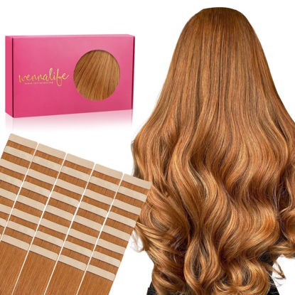 Picture of WENNALIFE Tape in Hair Extensions Human Hair, 40pcs 80g 12 inch Auburn Ginger Hair Extensions Real Human Hair Straight Tape in Extensions Invisible Human Hair Extensions Reusable Real Hair Extensions