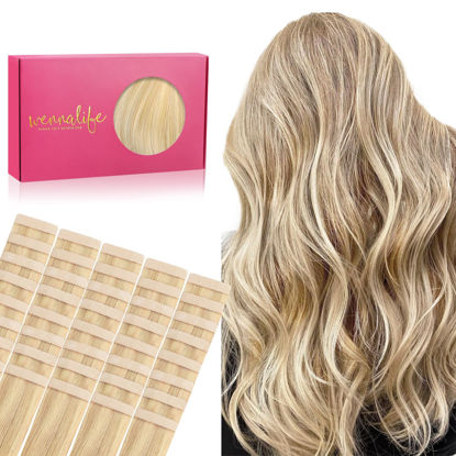 Picture of WENNALIFE Tape in Hair Extensions Human Hair, 40pcs 80g 12 inch Light Blonde Highlighted Golden Blonde Hair Extensions Real Human Hair Straight Tape in Extensions Invisible Human Hair Extensions