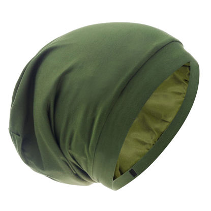 Picture of Silk Satin Lined Bonnet Sleep Cap - Adjustable Stay on All Night Hair Wrap Cover Slouchy Beanie for Curly Hair Protection for Women and Men - Solid Olive Green