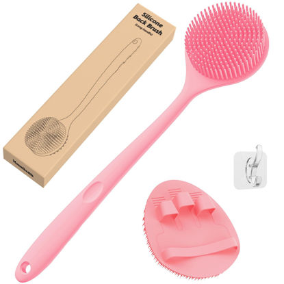 Picture of Manmihealth Silicone Back Scrubber(Thin Bristles) & Soft Bath Brushes Set, Super-Cleaning Body Scrubber & Super-Lathering Soft Bath Glove Combination, with a Free Hook.(Pink)