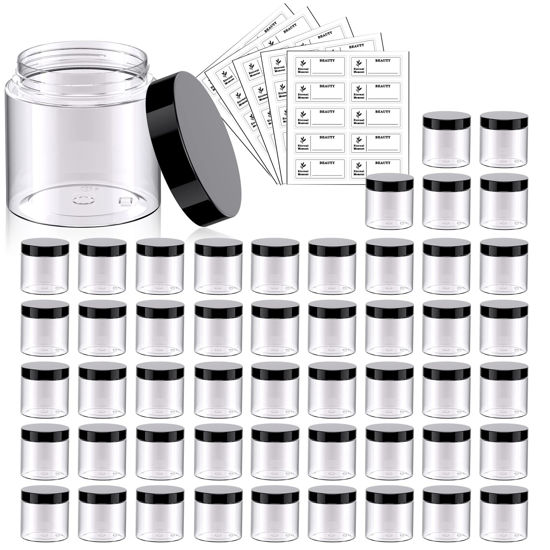 Picture of 50 Pack 2 OZ Plastic Jars Round Clear Cosmetic Container Jars with Lids, Eternal Moment Plastic Slime Jars for Lotion, Cream, Ointments, Makeup, Eye shadow, Rhinestone, Samples, Pot, Travel Storage