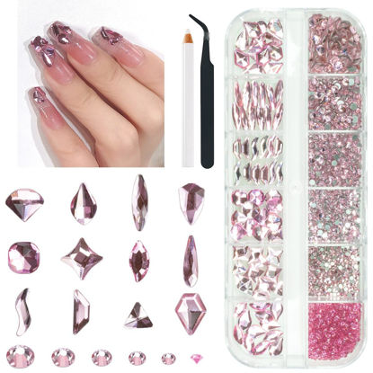 Picture of qiipii 2052Pcs Pink Nail Rhinestones 12 Shapes Light Pink Rhinestones for Nails Flatback K9 Glass Gems Round Beads Stones Diamonds Crystals Nail Charms Art Supplies for Nails Face Eyes Makeup Crafts