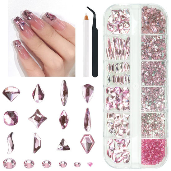 Picture of qiipii 2052Pcs Pink Nail Rhinestones 12 Shapes Light Pink Rhinestones for Nails Flatback K9 Glass Gems Round Beads Stones Diamonds Crystals Nail Charms Art Supplies for Nails Face Eyes Makeup Crafts
