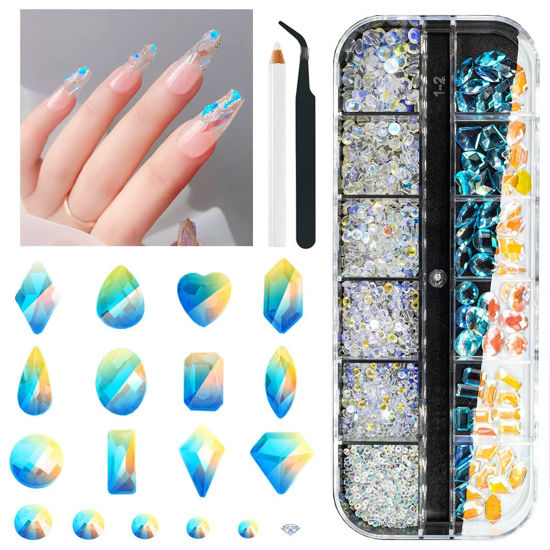 Picture of qiipii Aurora Nail Art Rhinestones Clear Moonlight Nail Charms Multi Shapes Aurora Flatback Rhinestones Big Gems Round Beads K9 Glass Crystals Diamonds Jewels for Nails Faces Makeup