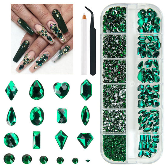 Picture of qiipii 2052Pcs Emerald Green Nail Art Rhinestones Kit Green Nail Charms Multi Shapes Crystal Flatback Rhinestones Big Gems + Round Beads Glass Stones Diamonds jewels for Nails Faces Eyes Makeup Crafts