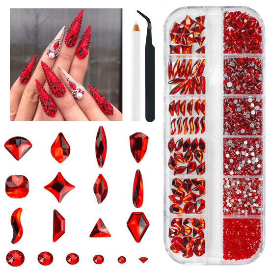 Picture of qiipii 2052Pcs Red Nail Rhinestones 72 Multi Shapes Siam Red Rhinestones for Nails Flatback Nail Gems K9 Glass Round Ruby Red Beads Stones Diamonds Nail Charms Art for Nails Faces Eyes Makeup Crafts