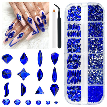 Picture of qiipii 2052Pcs Blue Nail Rhinestones Multi Shapes Sapphire Rhinestones for Nails Flatback Nail Gems K9 Glass Royal blue Round Beads Stones Diamonds Nail Charms Art for Nails Face Eyes Makeup Crafts