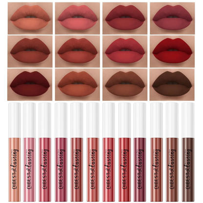 Picture of QiBest 12Pcs Velvet Matte Liquid Lipstick Makeup Sets for Women & Teens Gift, Waterproof Long Wear 24 Hours Nudes Burgundy Red Brown Lip Stain Kits, Non-Stick Cup Mate 24 Horas Lip Gloss Holiday Set
