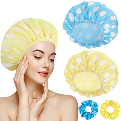 Picture of 2 Sets Large Shower Caps for Women, Waterproof Shower Cap Double Layers Bath Caps Stocking Stuffers for Women Long Thick Hair (Blue/Yellow)