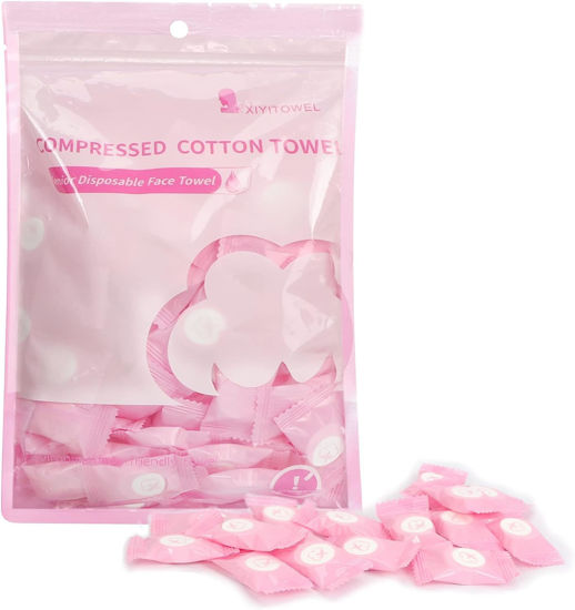 Picture of Classycoo Compressed Towel 100 PCS Mini Tablets Disposable Portable Face Towel Cotton Coin Tissue for Travel, Camping, Hiking, Sport, Beauty Salon, Home Hand Wipes and Other Outdoor Activities Pink