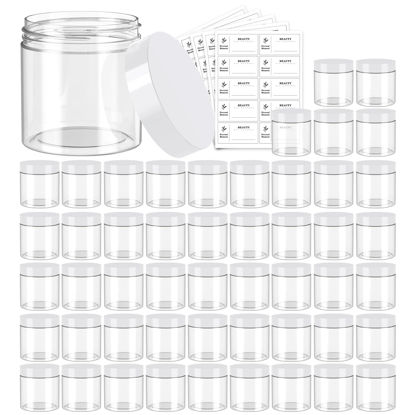 Picture of 50 Pack 4 OZ Plastic Jars Round Clear Cosmetic Container with White Lids, Eternal Moment Slime Jars for Lotion, Cream, Ointments, Makeup, Eye shadow, Rhinestone, Samples, Pot, Travel Storage