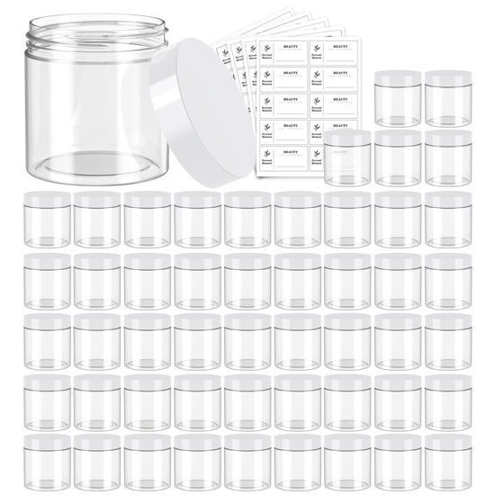 Picture of 50 Pack 4 OZ Plastic Jars Round Clear Cosmetic Container with White Lids, Eternal Moment Slime Jars for Lotion, Cream, Ointments, Makeup, Eye shadow, Rhinestone, Samples, Pot, Travel Storage