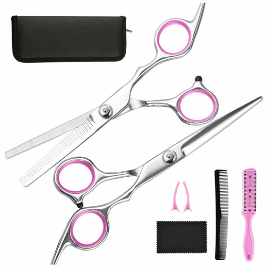 Picture of Hair Cutting Scissors Thinning Shears- Fcysy Professional Barber Sharp Hair Scissors Hairdressing Shears Kit with Haircut Accessories in Leather Case for Cutting Styling Hair for Women Men Pet- 7 Pcs