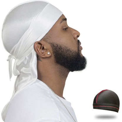 Picture of ForceWave Silky Durag for Men Wave Cap Satin Dorag for Men Women 360 Wave White