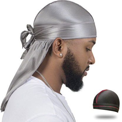 Picture of ForceWave Silky Durag for Men Wave Cap Satin Dorag for Men Women 360 Wave Gray