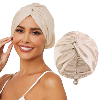 Picture of HFRHTGY Adjustable Silk Satin Hair Bonnet for Sleeping, Double Layer Hair Wrap Sleep Cap Turban for Women Men, Curly Straight Hair Long Large Braid Unisex (Royal Champagne)