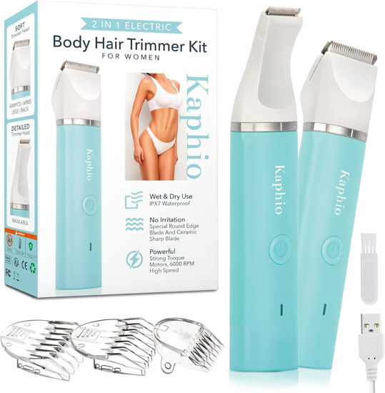 Picture of Bikini Trimmer for Women Pubic Hair: Eletctric Razors for Women - Rechargeable Eletctric Shaver for Women - Painless Bikini Trimmer Waterproof IPX7 for Body Hair Tiffany Blue