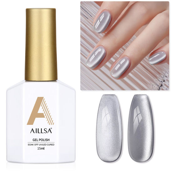 Picture of AILLSA Silver Cat Eye Gel Nail Polish Gray Glitter Crystal Gel Polish with Magnet, Shimmer Clear Sparkle Gel Nail Polish Reflective Translucent Jelly Color U V Gel Salon DIY at Home 0.5 OZ GF18