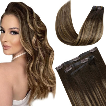 Picture of LaaVoo Clip in Hair Extensions Human Hair Balayage Brown to Caramel Brown Human Hair Clip in Extensions Balayage Hair Extensions Clip ins Invisible Pu Weft 14 Inch 7pcs/110g