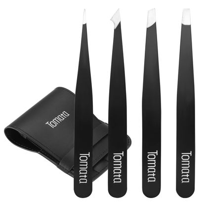 Picture of Tomata Tweezers for Eyebrows, 4-piece Slant Tip and Pointed Eyebrow Tweezer Set Great Precision for Eyebrows Facial Hair, Ingrown Hair, Splinter, Blackhead and Tick Remover (Black)