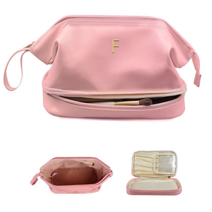 Picture of Vogewood Initial Makeup Bag, Daughter Gifts, Personalized Double Layer Cosmetic Bag with Makeup Brush Organizer, Waterproof, Large Capacity PU Leather Travel Toiletry Bag Cute Things for Girls