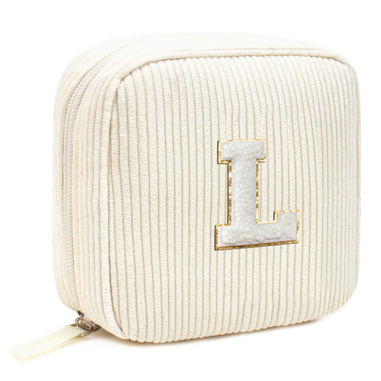 Picture of Small Personalized Initial Letter Makeup Bag, Preppy Patch Corduroy Makeup Bags Chenille Travel Toiletry Bag Cute Zipper Pouch Purse for Women Men Makeup Organizer Bag (Letter L, Beige)