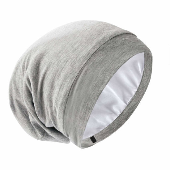 Picture of Silk Satin Lined Bonnet Sleep Cap - Adjustable Stay on All Night Hair Wrap Cover Slouchy Beanie for Curly Hair Protection for Women and Men - Solid Light Grey
