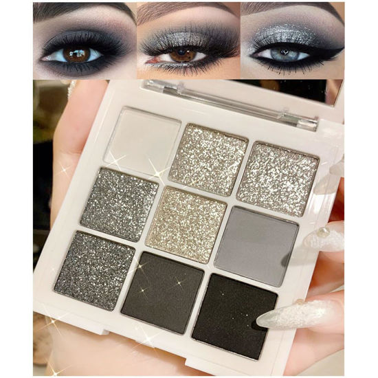 Picture of evpct 9 Colors Black Smokey Grey Gray Silver Glitter Shimmer Eye Shadow Makeup Palette Highly Pigmented Black Glitter Eyeshadow Makeup Palette sombra negra para ojos para ojos brillantes