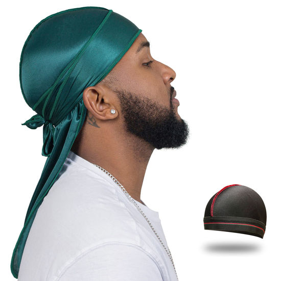 Picture of ForceWave Silky Durag for Men Wave Cap Satin Dorag for Men Women 360 Wave Green