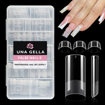 Picture of UNA GELLA No C Curve Medium Square Nail Tips 504 Pcs Half Cover Square Gel x Nail Tips Pre-file Half Matte Straight Nail Tips Clear Fake Nails For Nail Extension Home DIY Salon with Box