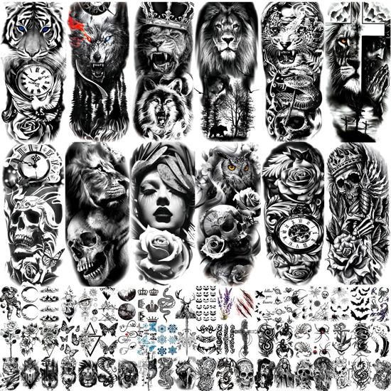 Picture of JEEFONNA 72 Sheets Temporary Tattoo for Men Women Adults, Include 12 Sheets Black 3D Half Sleeve Temporary Tattoos, Halloween Tattoos Scary Lion Wolf Tiger Skull Skeleton Tattoos Stickers