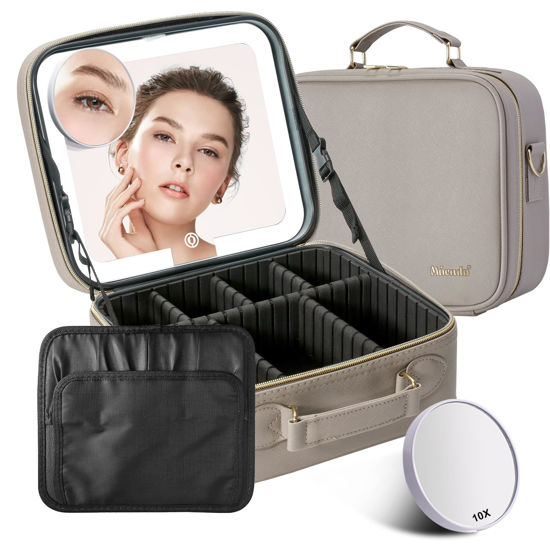 Picture of Mocado Travel Makeup Bag with LED Lighted Mirror,Travel Makeup Organizer,Makeup Case with 3 Color Lighted Setting and 10x Magnifying Mirror,Portable Storage and Adjustable Dividers Makeup Box(Grey)