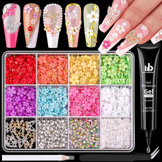 Picture of 3D Nail Charms and Gems Set 12 with Rhinestone Glue, 10PCS Gold and Silver Chunky Butterfly Nail Charms, 3D Flowers for Nails, Flatback Crystals and Pearls + Picker Tool for Y2K Nail Decor