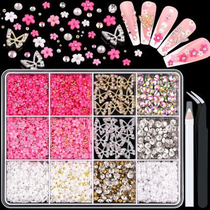 Picture of 3D Nail Charms and Gems Set 1, 20PCS Gold and Silver Chunky Butterfly Nail Charms with Rhinestones, 3D Flowers for Nails, Flatback Crystals and Pearls + Diamonds + Picker Tool for Y2K Nail Decoration