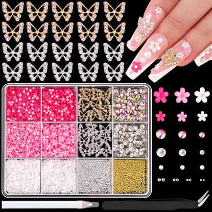 Picture of 3D Nail Charms and Gems Set 3, 20PCS Gold and Silver Chunky Butterfly Nail Charms with Rhinestones, 3D Flowers for Nails, Crystal and Pearls + Metal Caviar Beads + Picker Tool for Y2K Nail Decoration