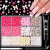 Picture of 3D Nail Charms and Gems Set 6 with Rhinestone Glue, 75PCS Chunky Coquette Pink & White Bow Nail Charms + Kawaii Cute 3D Flowers for Nails + Clear & AB Glass Crystals + Flat Pearls for Y2K Nail Decor