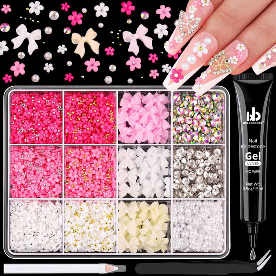 Picture of 3D Nail Charms and Gems Set 6 with Rhinestone Glue, 75PCS Chunky Coquette Pink & White Bow Nail Charms + Kawaii Cute 3D Flowers for Nails + Clear & AB Glass Crystals + Flat Pearls for Y2K Nail Decor