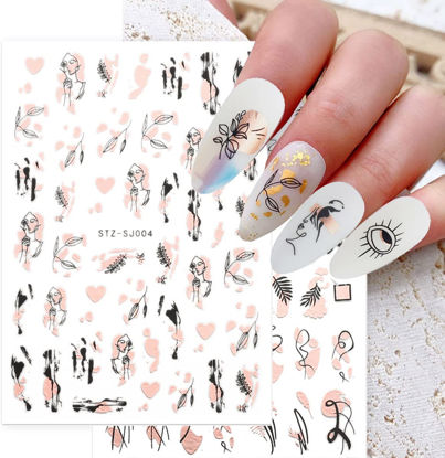 Picture of 9 Sheets Rose Gold Abstract Nail Art Stickers Decals 3D Self Adhesive Pegatinas para Uñas Black Nine Line Eye Flowers Face Design Manicure Tips Nail Decoration for Women Girls