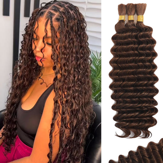 Picture of Human Braiding Hair for Boho Braids Human Hair Braiding Hair 110g 24 Inch Curly Boho Hair for Braiding Knotless 12A Deep Wave Bulk Human Hair for Braiding Bohemian 3 Bundles/Pack Chocolate Brown