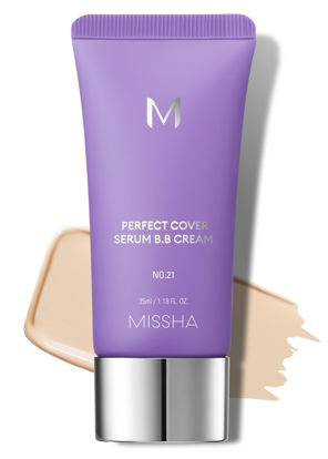 Picture of MISSHA M PERFECT COVER SERUM BB CREAM No.21 Light Beige, Skin Care Foundation Makeup, Tinted Moisturizer, Superfood Complex, Buildable Coverage, Glass Skin, Paraben Free,1.18 Fl oz