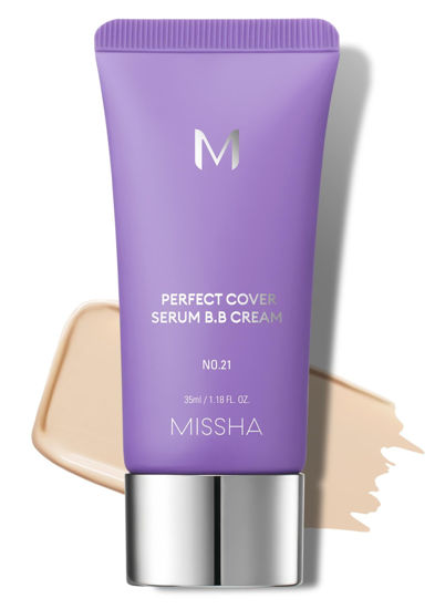 Picture of MISSHA M PERFECT COVER SERUM BB CREAM No.21 Light Beige, Skin Care Foundation Makeup, Tinted Moisturizer, Superfood Complex, Buildable Coverage, Glass Skin, Paraben Free,1.18 Fl oz