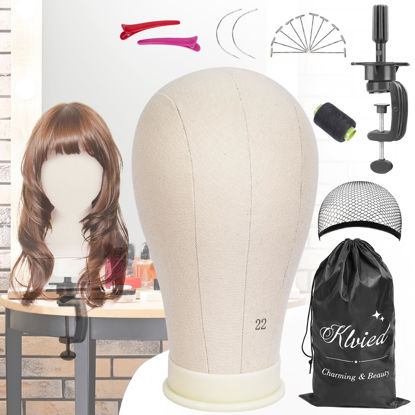 Picture of Klvied 22 Inch Cork Canvas Block Head Mannequin Head for Wigs, Wig Head Stand for Display Styling Wigs Making Kit ，Including Doll Head Storage Bag