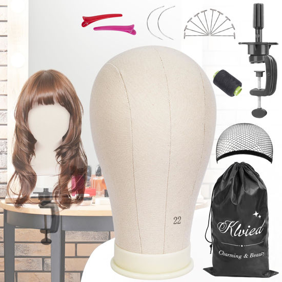 Picture of Klvied 22 Inch Cork Canvas Block Head Mannequin Head for Wigs, Wig Head Stand for Display Styling Wigs Making Kit ，Including Doll Head Storage Bag